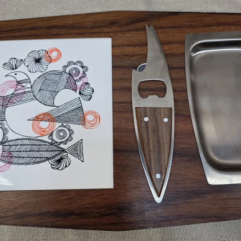 VTG Mid Century Modern Wooden Cheese Board w Knife Birds Floral 60/70s Stainless